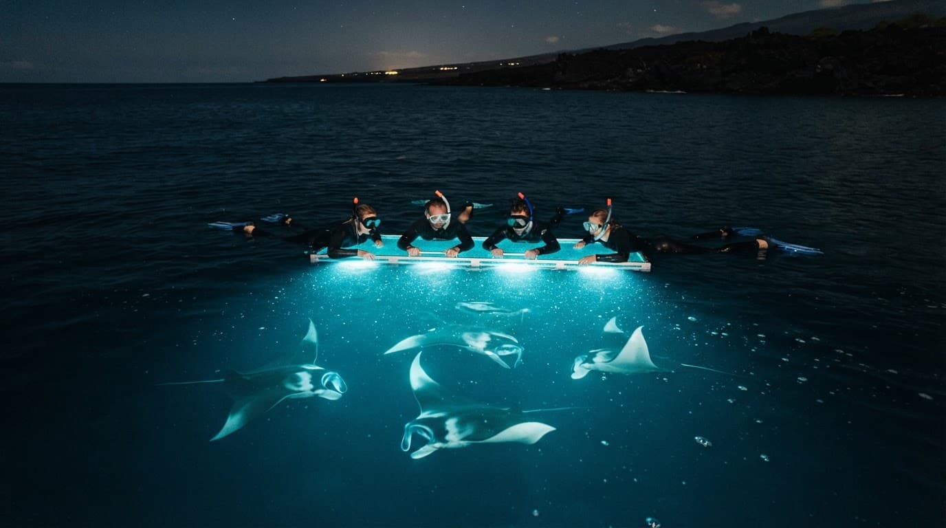 Four snorkelers float by a glowing board as manta rays swim beneath them at night.