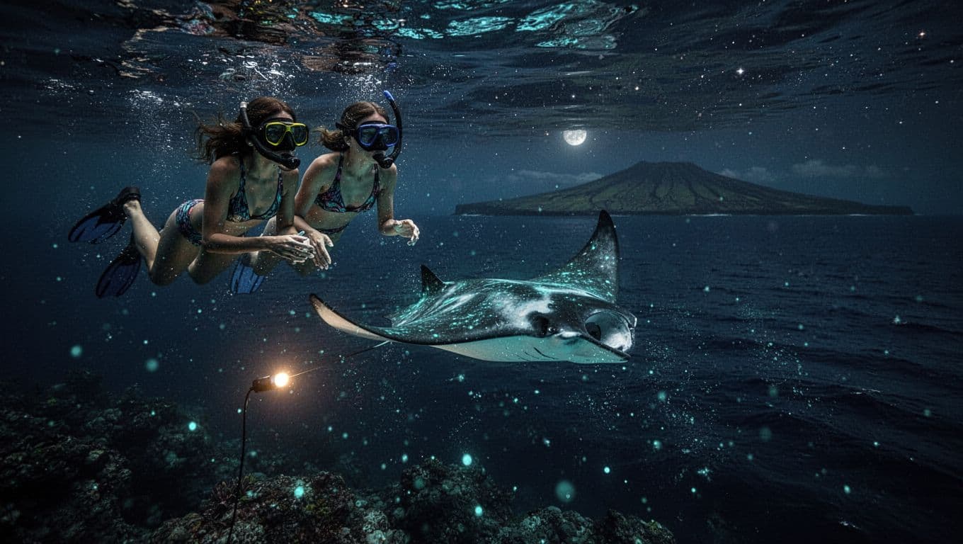 Two snorkelers watch a glowing manta ray beside a floating light board at night.