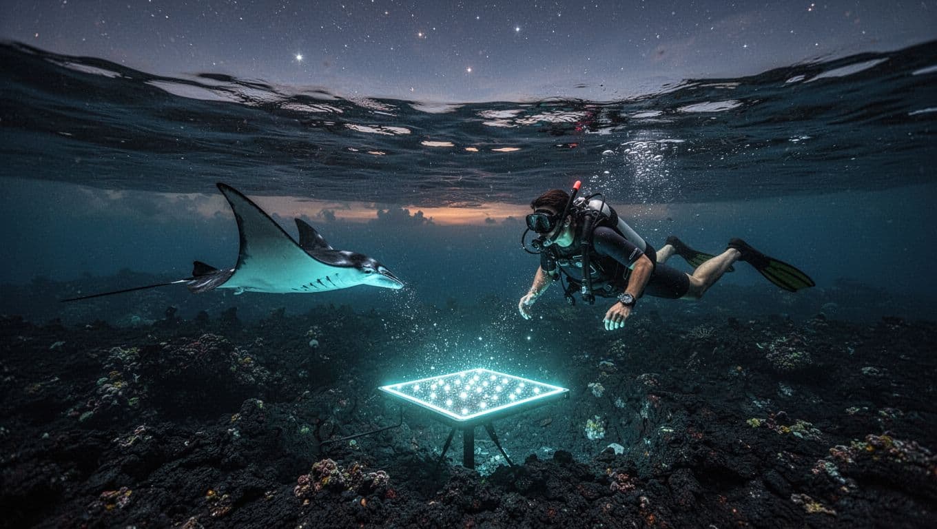 A snorkeler watches a manta ray above a glowing light board in dark coastal water.