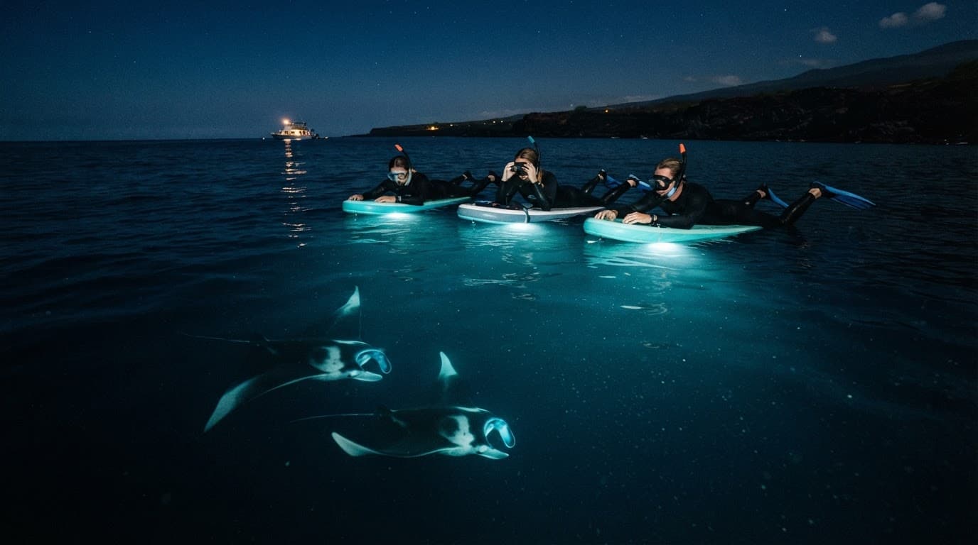 Three snorkelers float above two manta rays in the glowing nighttime ocean.