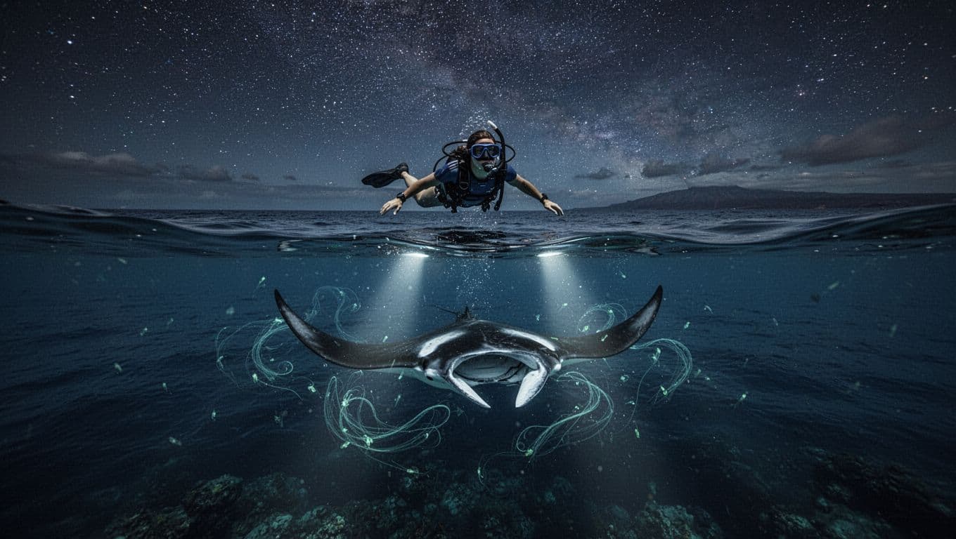 A snorkeler floats above a manta ray under blue lights at night.