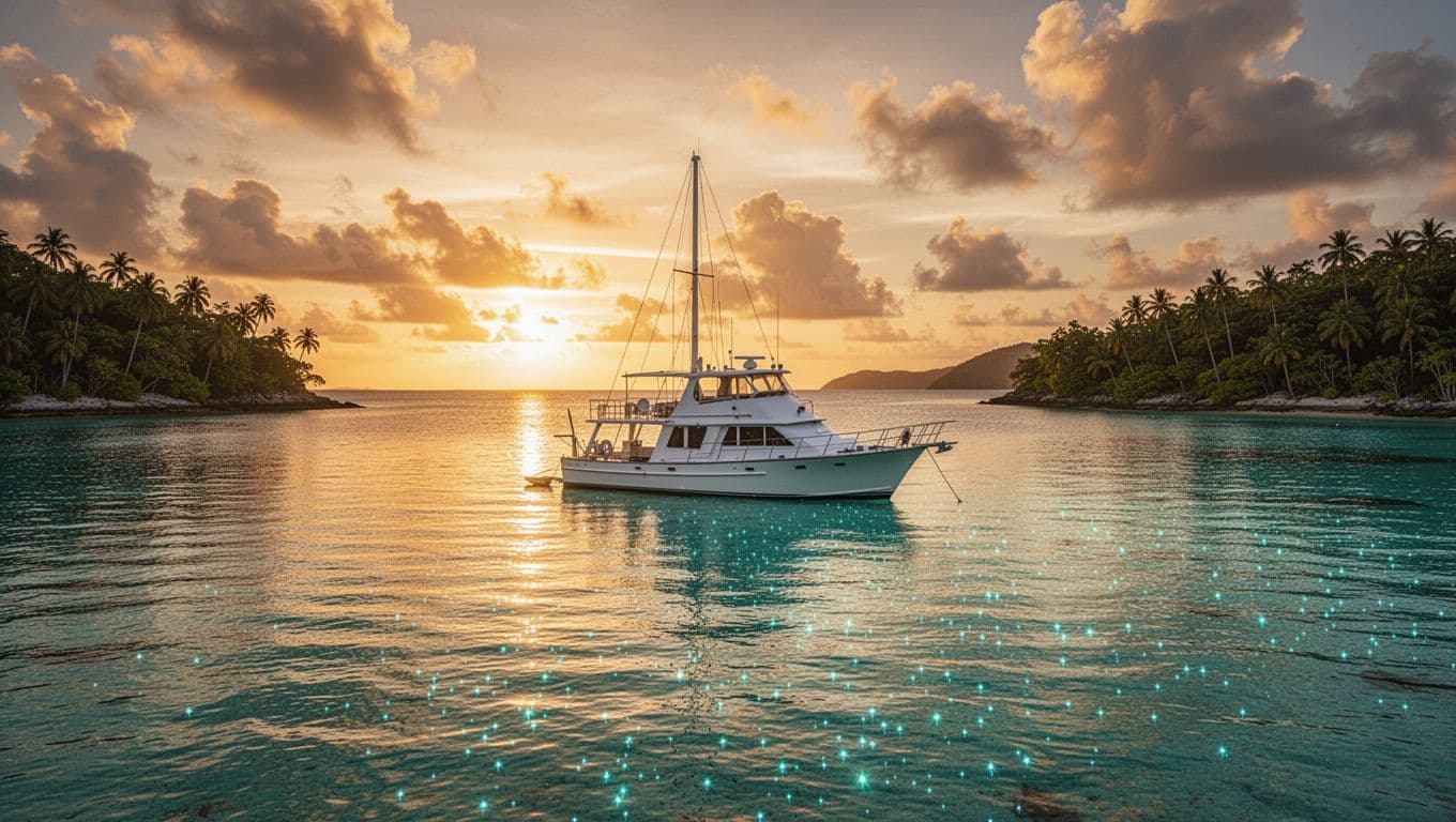 A charter boat anchored in a tropical bay at sunset.