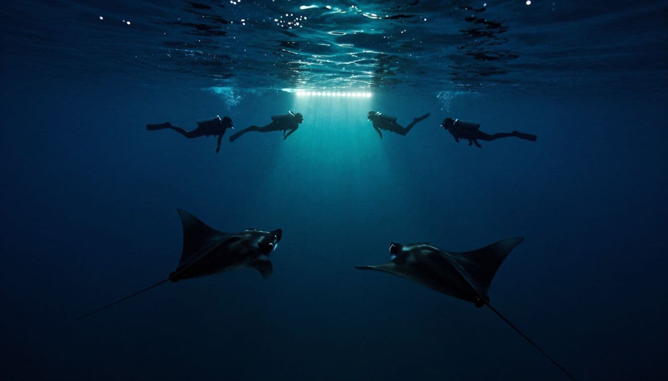 Two manta rays swim below four snorkelers and a glowing light board in dark ocean water.
