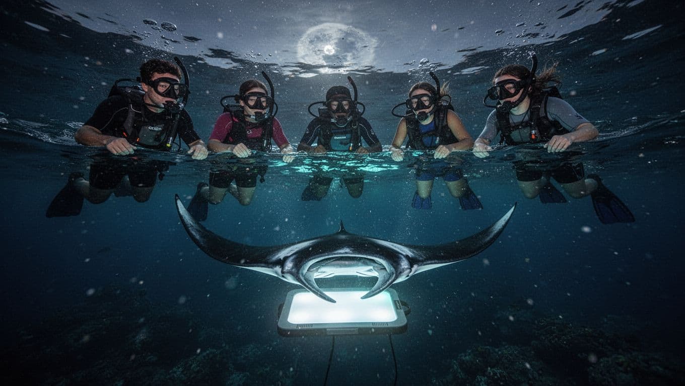 Three snorkelers watch a manta ray beneath a glowing light board at night.