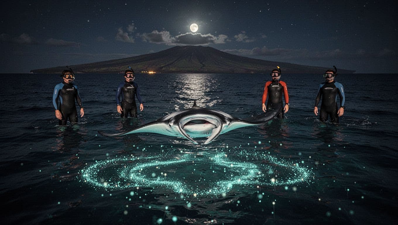 One manta ray glides below four snorkelers in Kona's dark ocean.