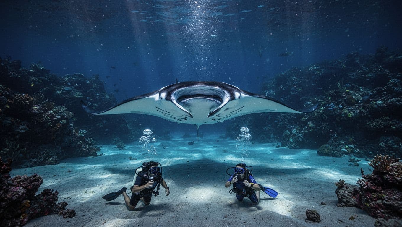 A manta ray glides over the seafloor as two snorkelers watch in blue nighttime water.