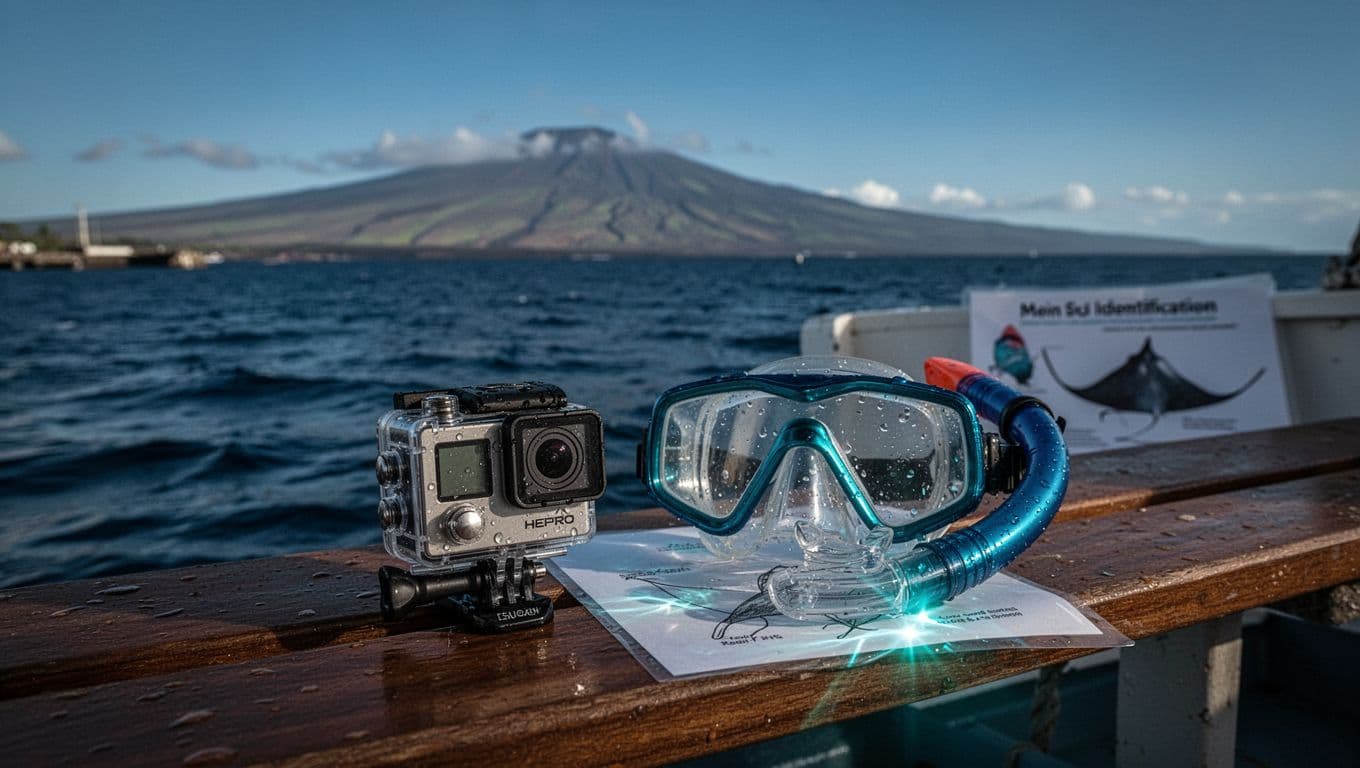 Action camera and snorkel gear on a boat bench overlooking Kailua-Kona harbor.