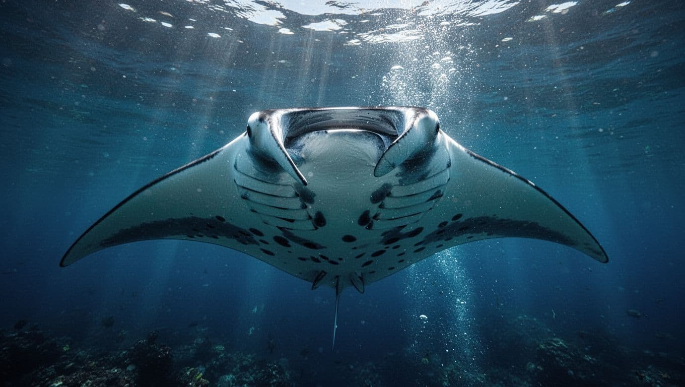 A manta ray with unique dark belly spots swims through blue Hawaiian water.