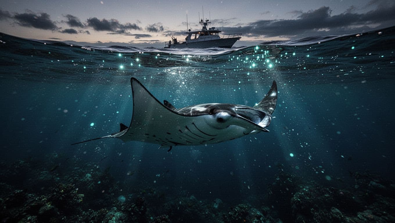A manta ray glides through illuminated blue water near a boat in Kona.