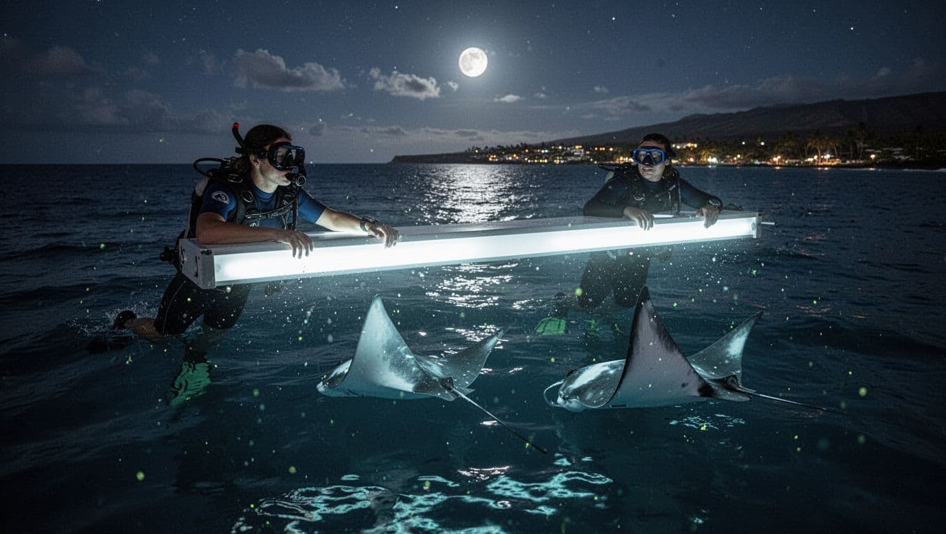 A snorkeler rests on a glowing board while two manta rays swim below.