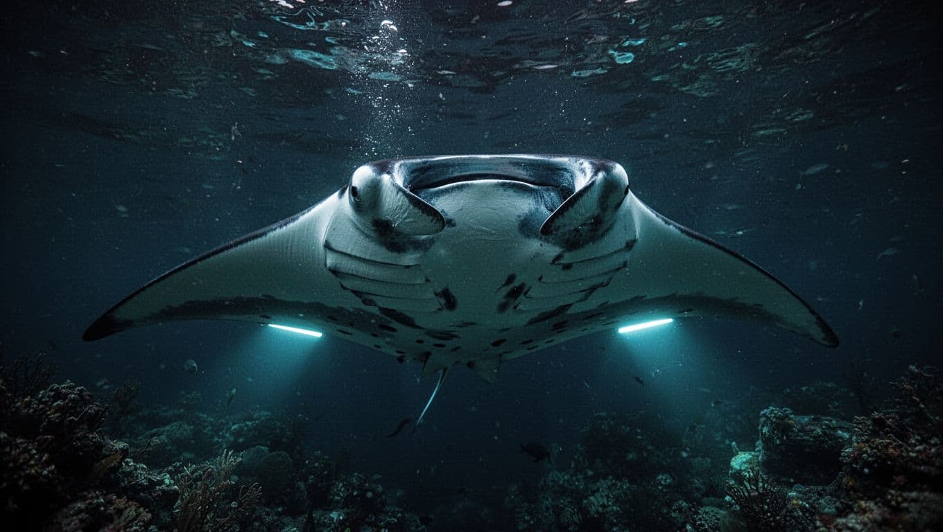 A massive manta ray glides through the dark ocean depths. Glowing cyan lights from above illuminate its wide, speckled wings as it moves gracefully through the pitch-black water during a night tour.