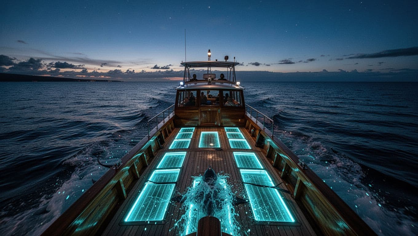 A boat with glowing cyan boards on the ocean at twilight in Kona.