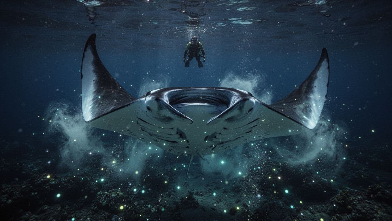 Close-up underwater view of a massive manta ray barrel-rolling through an illuminated plankton cloud at night off the Kona coast, with a single distant snorkeler silhouette above.