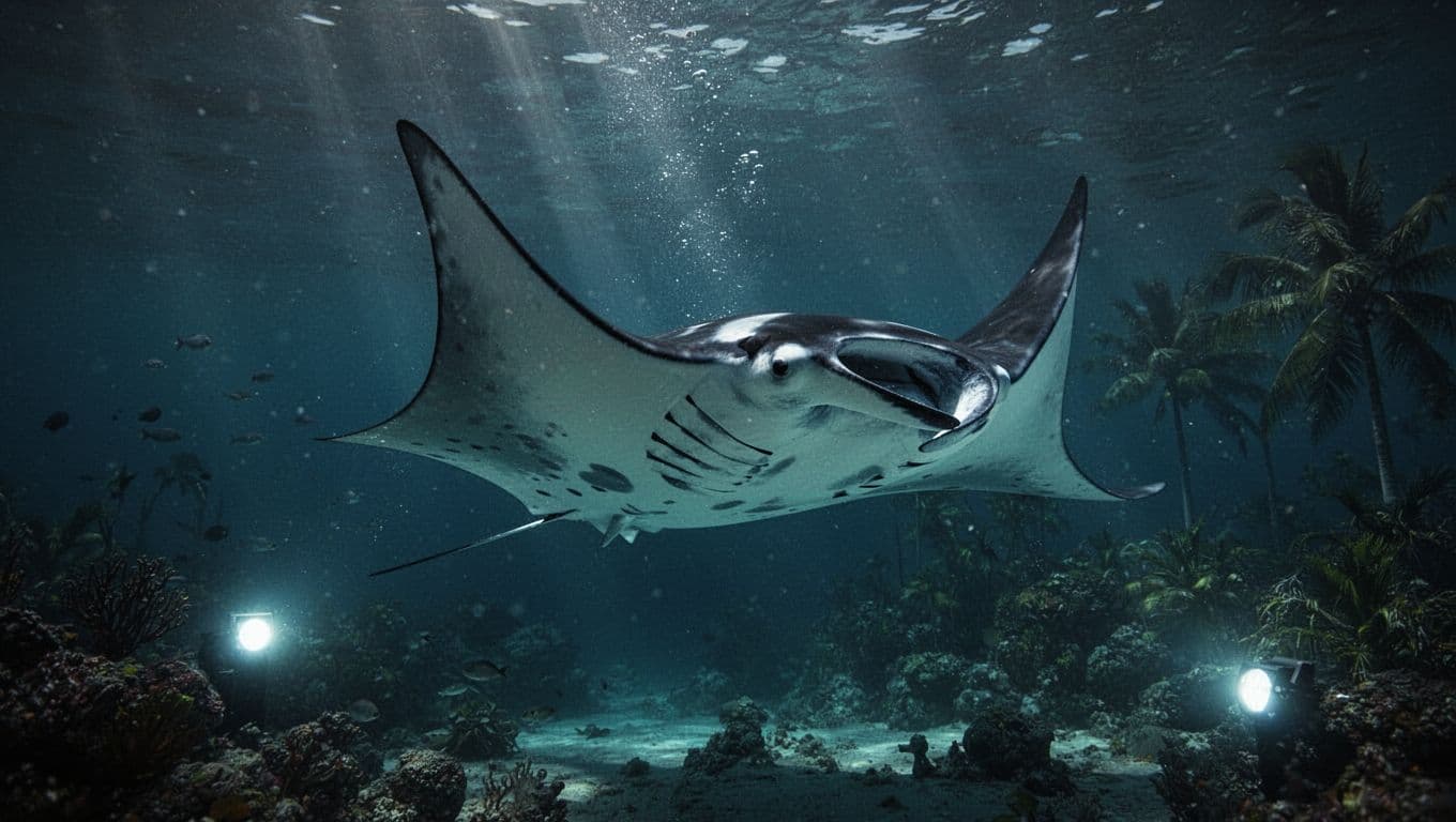 A manta ray gliding through dark water under blue underwater lights.