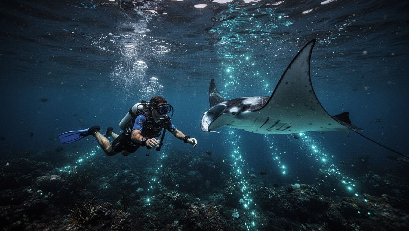 Snorkelers in the dark ocean observe large manta rays near glowing blue lights.