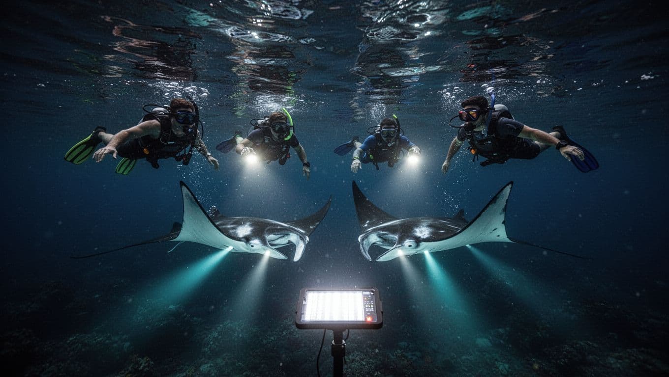 Four snorkelers swim near two gliding manta rays under bright lights in clear Kona night waters.