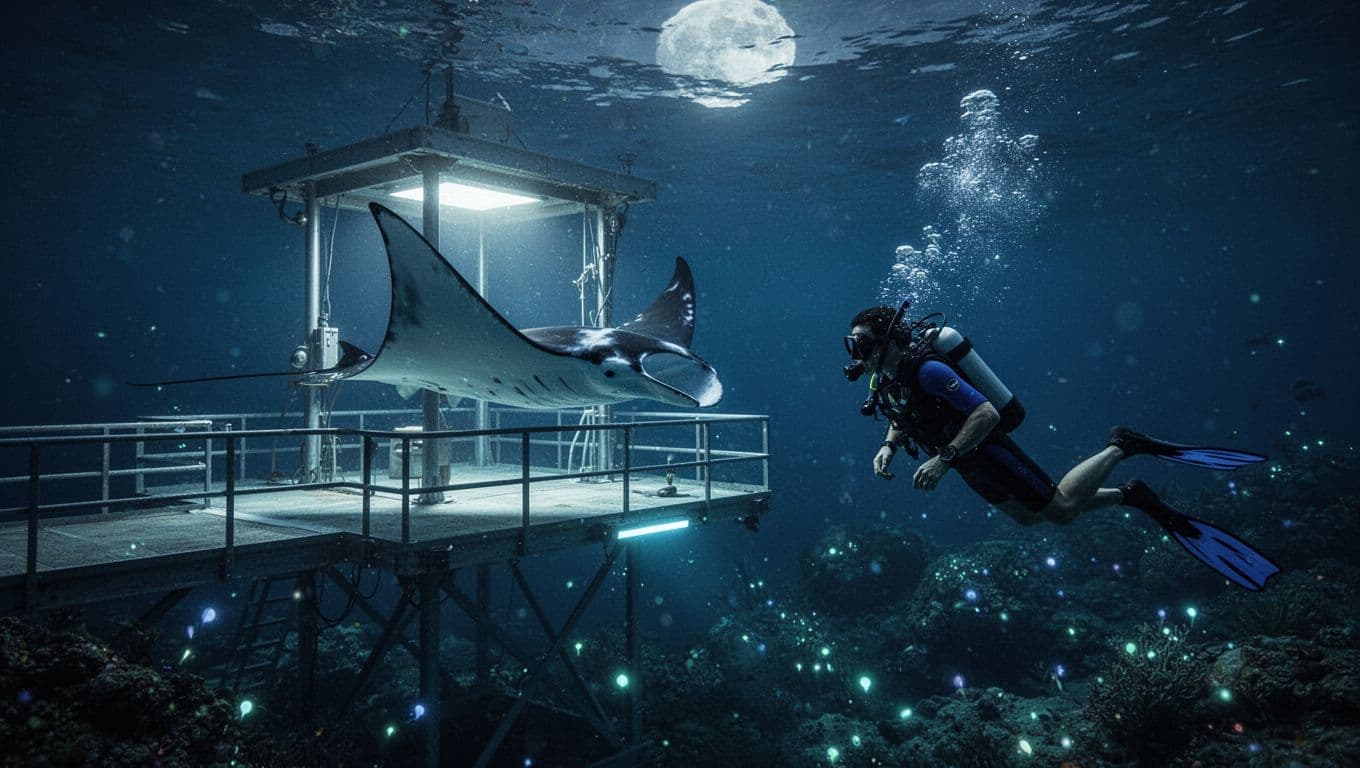 A massive manta ray glides gracefully near a luminous board submerged in deep blue Kona waters. A snorkeler floats nearby, observing the glowing marine spectacle amidst the dark, serene ocean night.