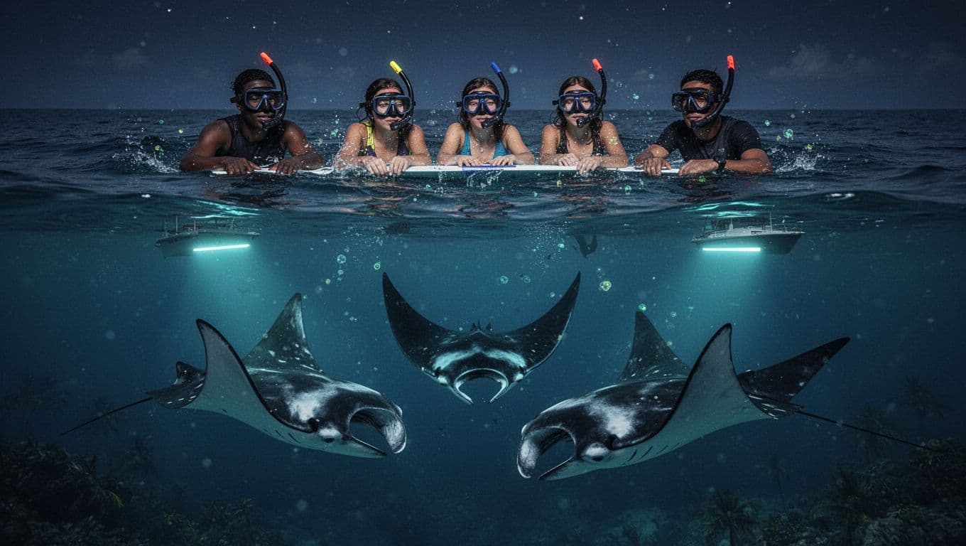 Snorkelers float relaxed at night in calm Kona ocean waters under boat lights attracting plankton, while large graceful manta rays somersault in the illuminated blue depths.