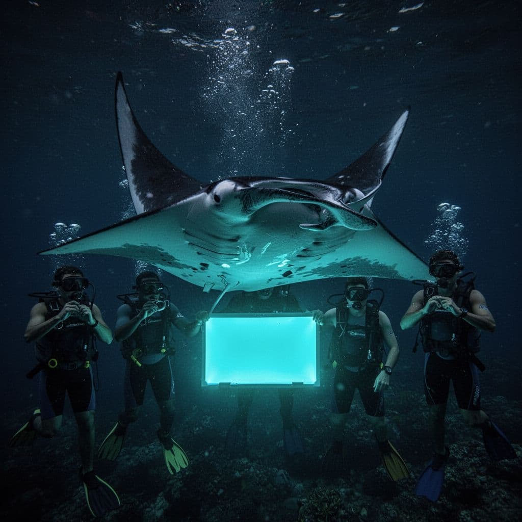 A majestic manta ray glides through the deep black Pacific waters near Kona. Its pale belly reflects the intense cyan glow cast by a floating LED board held by several nearby snorkelers.