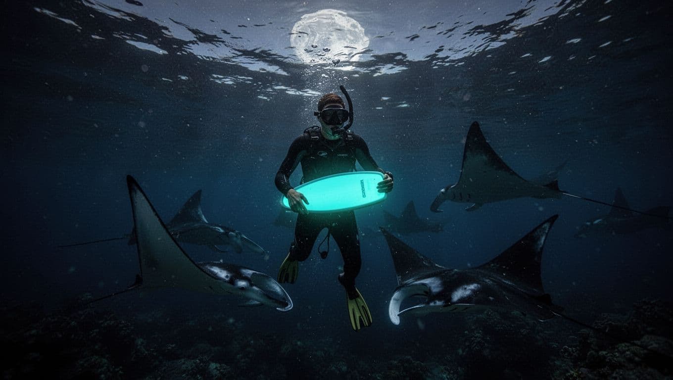 Snorkelers cling to a floating board illuminated by bright cyan lights while graceful manta rays glide through the dark ocean waters below them. Dramatic deep-sea contrast highlights the majestic creatures' movement.