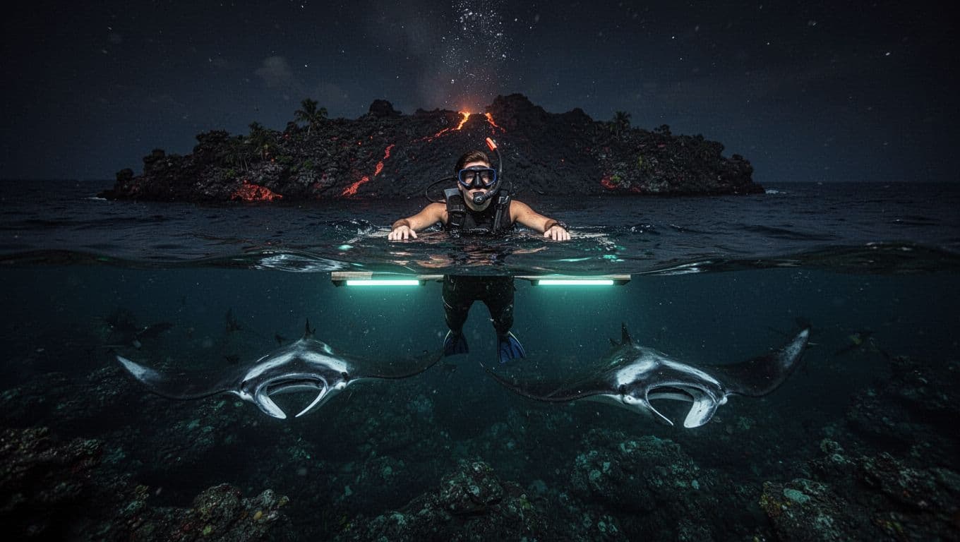 Snorkeler floats at surface watching graceful manta rays glide below bright lights in dark ocean.