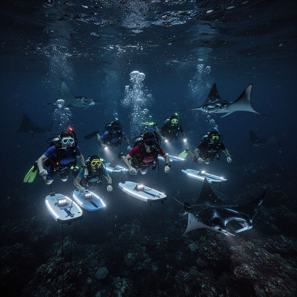 Snorkelers float in dark Hawaiian waters illuminated by bright LED lights as large manta rays glide nearby.