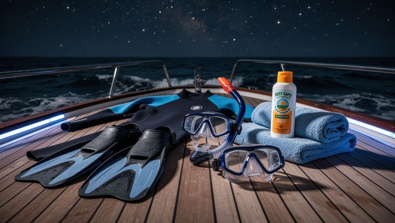 Close-up of snorkeling gear laid out on a boat deck at night, featuring shorty wetsuit, rash guard, fins, mask snorkel set, towel, and reef-safe sunscreen under dramatic cinematic blue glow lighting with starry sky and subtle ocean waves.