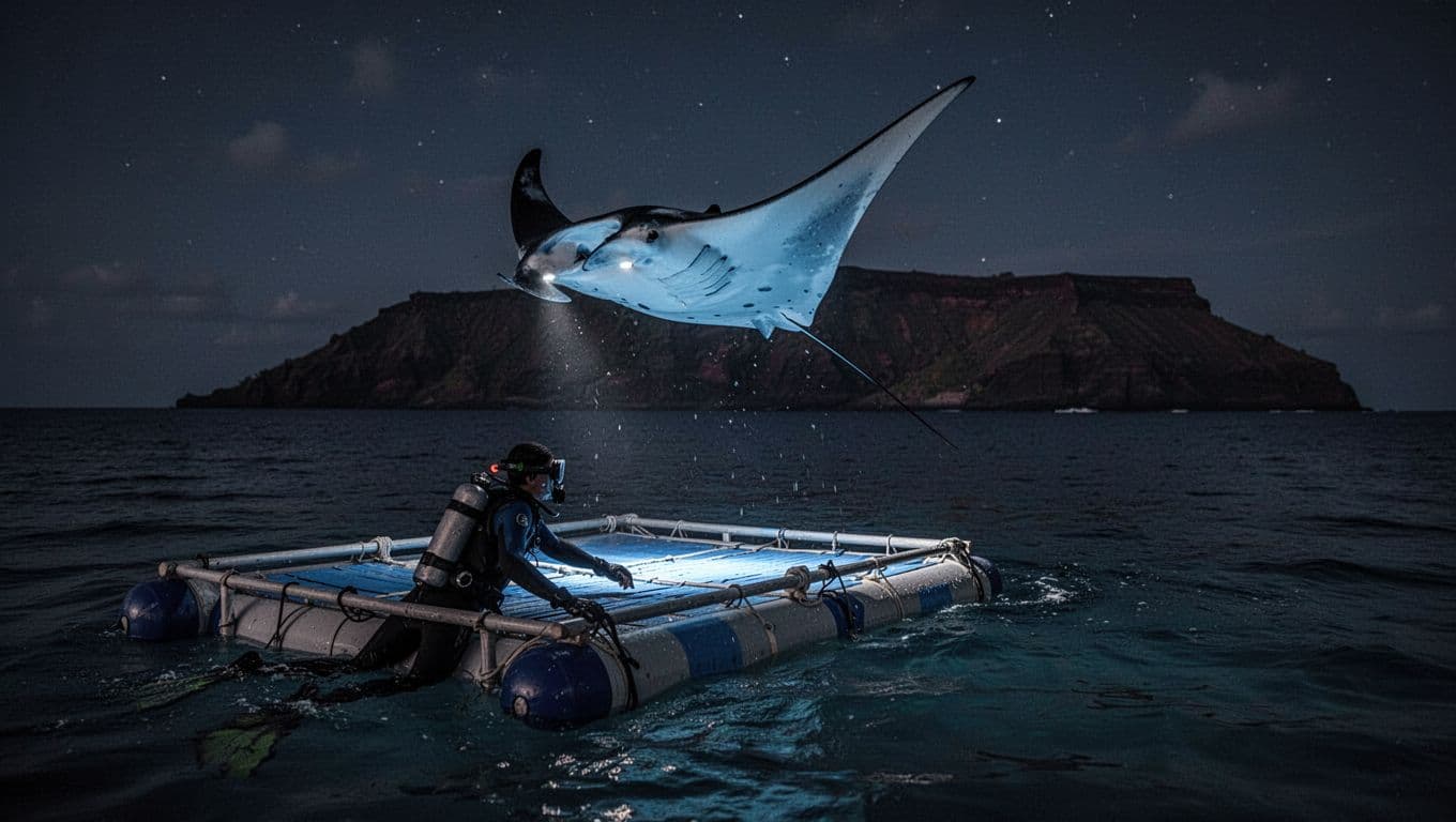 A semi-submersible raft sits low in the water during a Kona manta ray night snorkel, with 12 snorkelers drifting nearby as 4 manta rays somersault close by, illuminated by dramatic boat lights against a distant volcanic coastline.