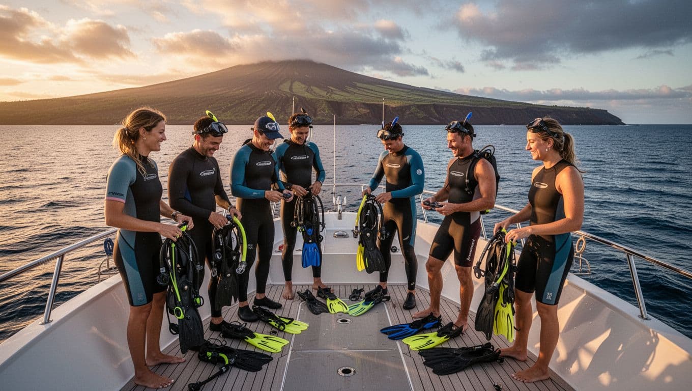 A small group of six adventurers and crew on a modern snorkel boat at sunset in Kona harbor, excitedly preparing gear for a manta ray night snorkel against a volcanic ocean horizon.