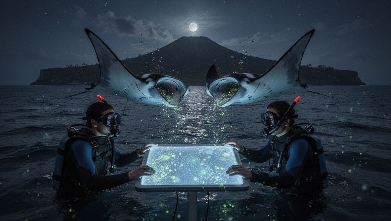 Two snorkelers with relaxed hands holding masks surround a lighted board in dark nighttime ocean waters, as majestic manta rays glide close with open mouths filtering plankton, set against a volcanic coastline with dramatic cinematic lighting and glowing blue accents.