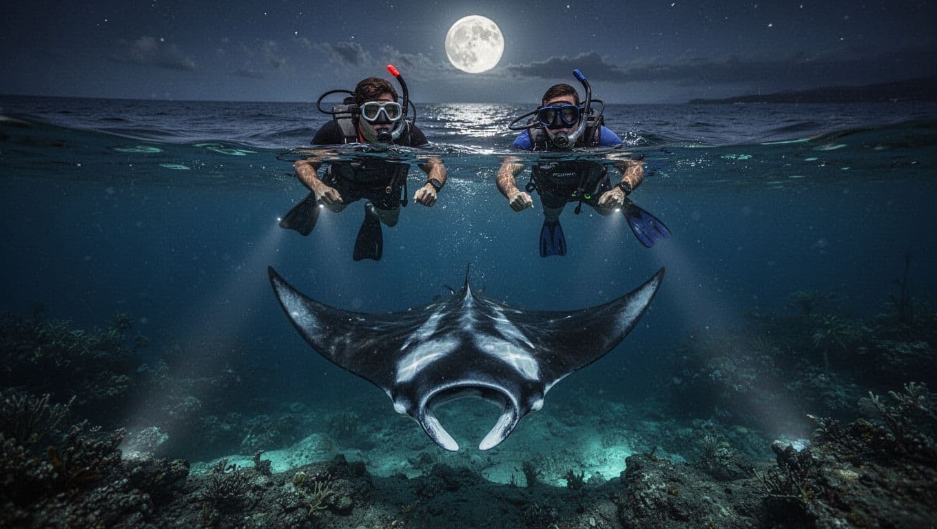 Majestic manta ray somersaulting under boat lights during a night snorkel in calm Kona waters off Hawaii Big Island, with two snorkelers watching in awe from the surface, cinematic style with dramatic underwater lighting and blue ocean tones.