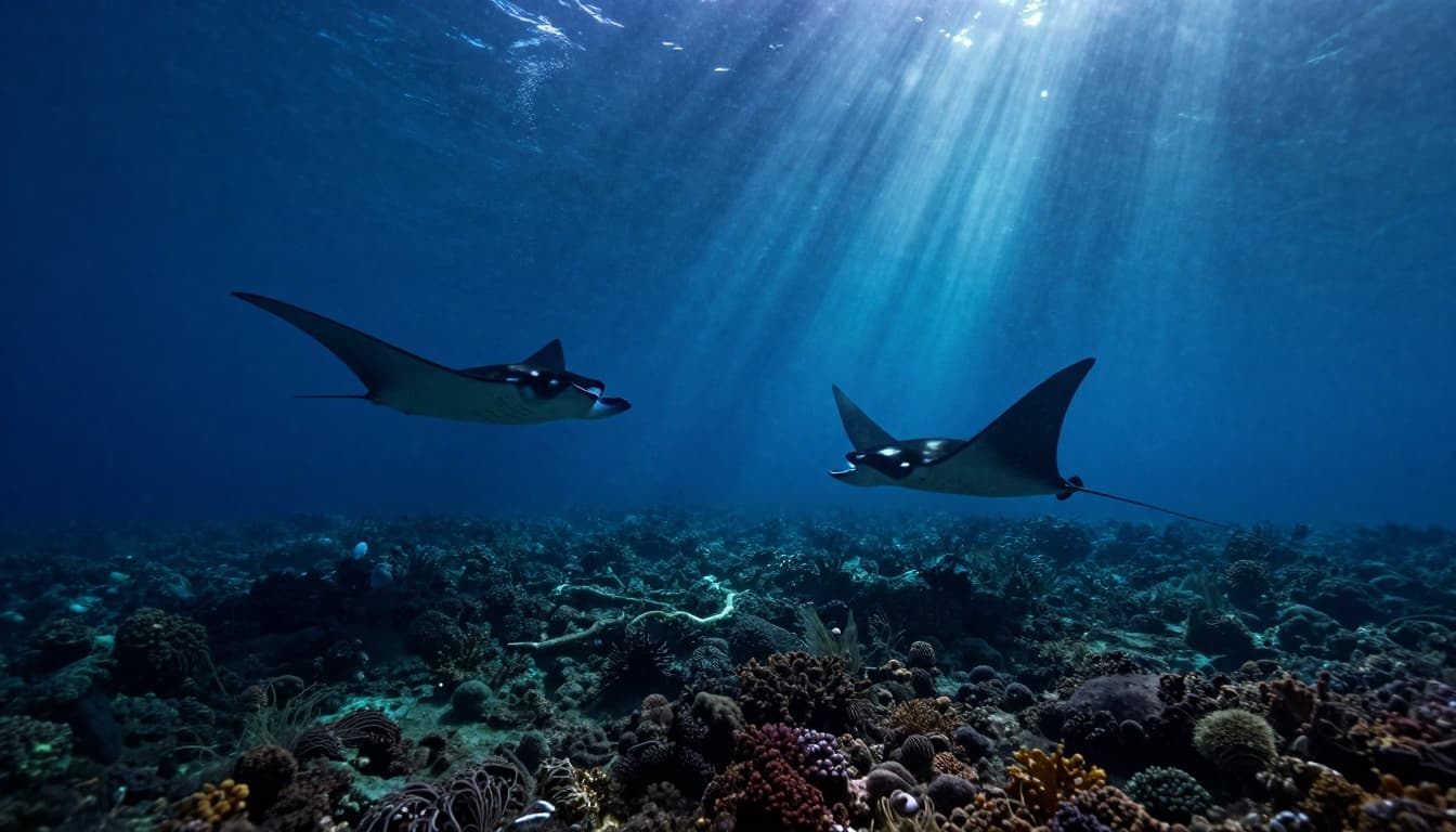 Volcanic reef landscape at a Kona manta ray night snorkel site in shallow 20-40 foot waters, with light beams attracting plankton and a graceful manta ray silhouette gliding nearby in cinematic style with dramatic blue tones.