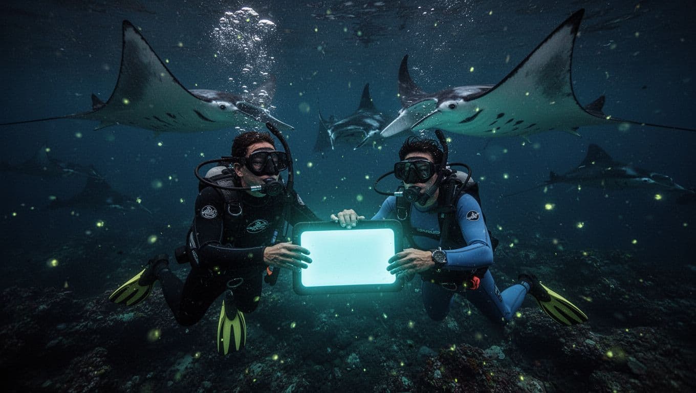 Two snorkelers hold one blue-glowing light board as manta rays glide close in dark ocean off Kona.
