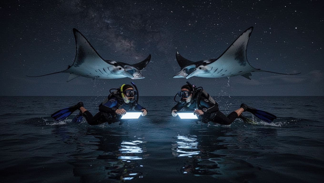 Snorkelers at night encountering graceful manta rays gliding close in calm Kona ocean waters, illuminated by underwater lights with cinematic dramatic lighting.