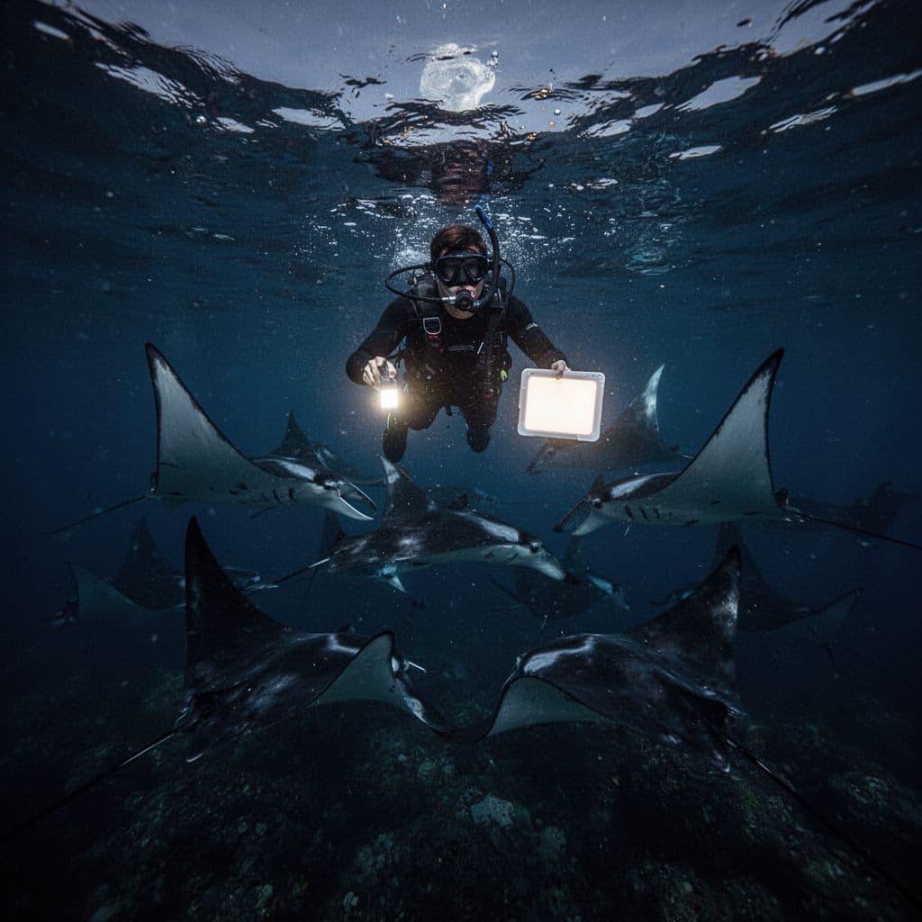 Snorkeler floats on dark ocean surface at night holding glowing light board with manta rays below.
