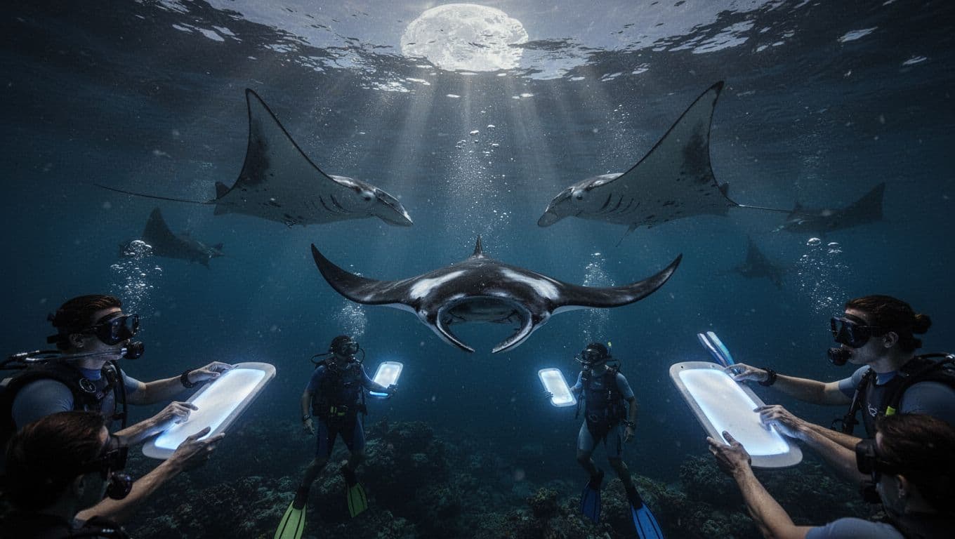 Exactly 3-4 majestic manta rays glide and somersault gracefully underwater at night off the Kona coast, illuminated by beams from snorkelers' boards in a cinematic scene with dramatic blue tones and strong contrast.