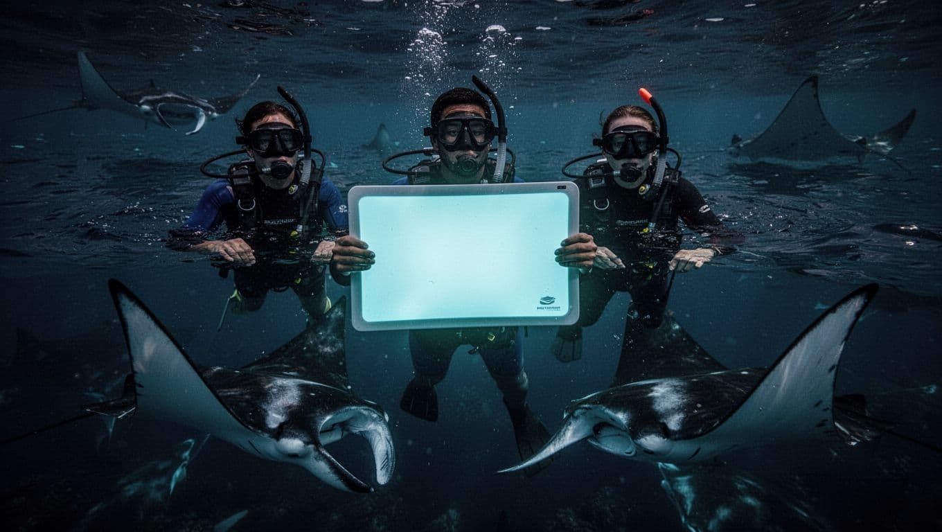 Three snorkelers hold a lighted board at night in Kona ocean waters, with giant manta rays somersaulting and gliding below in dark illuminated depths, cinematic dramatic lighting and blue glow.