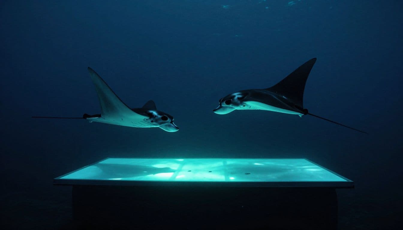 Giant manta rays roll beside a glowing board in dark ocean water.