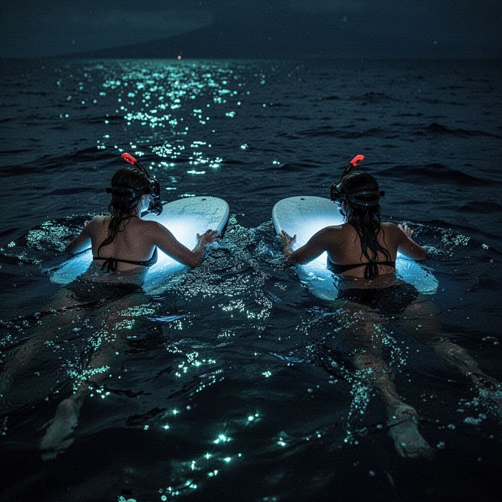 Group members hold onto a floating board equipped with blue LED lights in dark ocean waters. Their silhouettes hover over the deep sea as glowing turquoise waves surround the specialized raft.