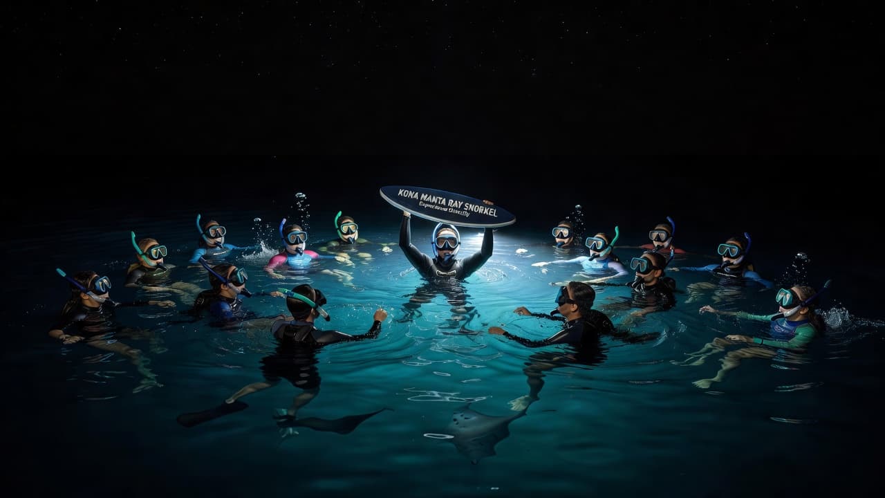 A group of snorkelers floats on the dark ocean surface, illuminated by a glowing board held by a guide. Soft cyan light emanates from beneath the water, creating deep nocturnal contrasts.
