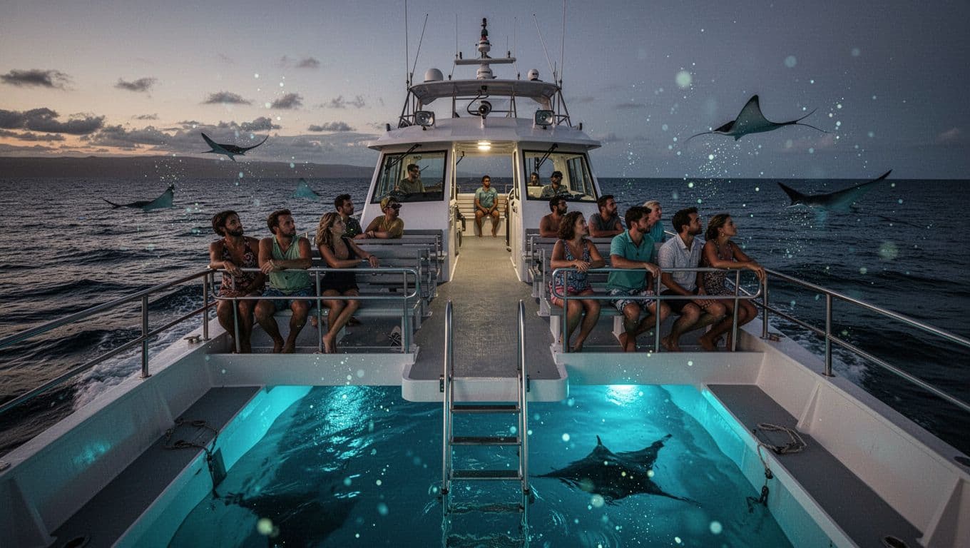 Wide view of open deck on snorkel boat cruising off Kona Hawaii coast at dusk, featuring bow seating, middle benches with exactly 10 relaxed passengers, and stern ladder lit by blue underwater lights attracting plankton and distant manta rays.