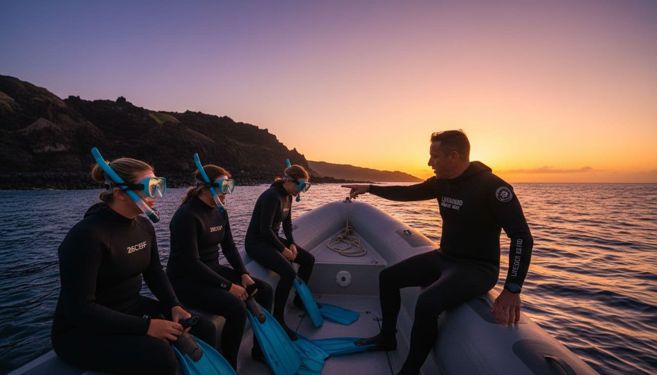 Six people on boat deck at dusk near Kona fit snorkel gear as guide explains.