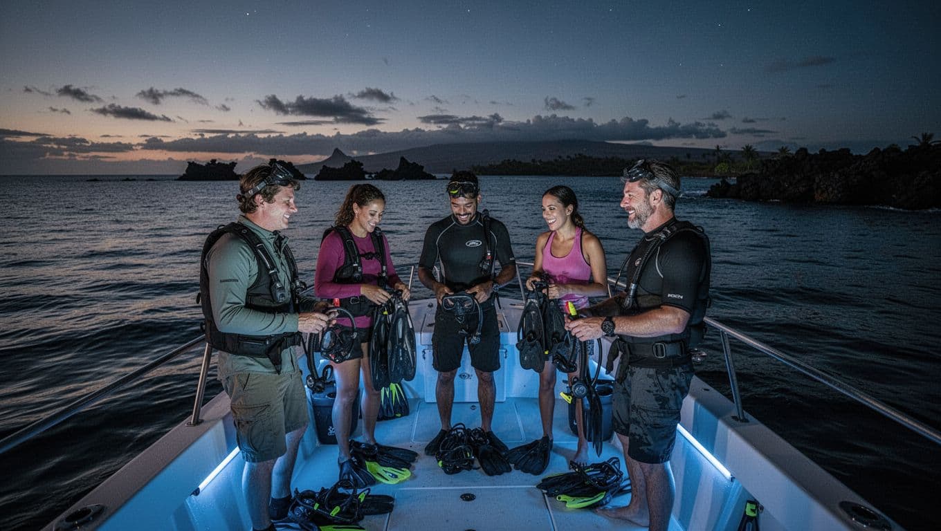 Five people with excited faces ready snorkel gear on boat at Honokohau Marina, calm ocean, distant lava rocks.
