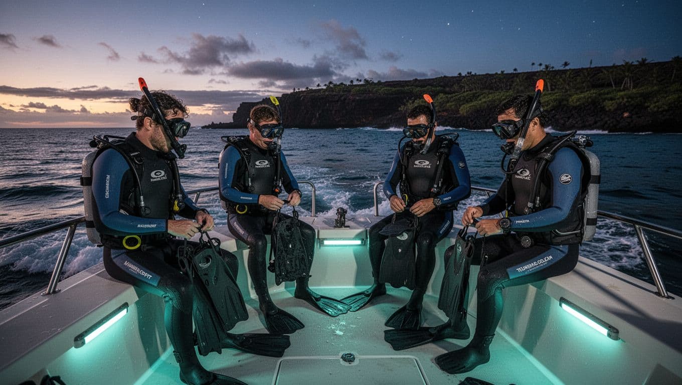 Small group of four snorkelers—two guides and two guests—on a boat off Kona coast, Hawaii, at sunset, donning wetsuits and holding gear for a night manta ray snorkel, with calm waves, volcanic background, and cinematic lighting.