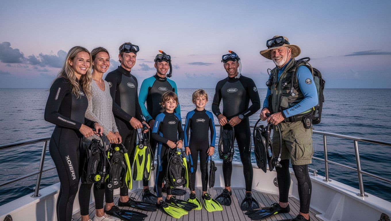 Diverse group of six adventurers—two adults, three kids, and one guide—on a boat deck at twilight, excitedly wearing wetsuits and masks, ready for their Kona manta ray snorkeling adventure with dramatic ocean horizon lighting.