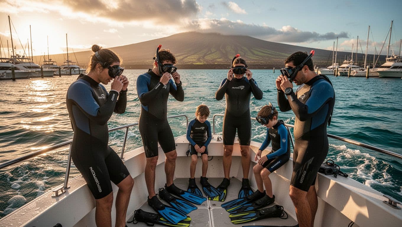 Four adults and two kids in shorty wetsuits adjust masks and fins on a boat at Honokohau Marina, Kona, Hawaii, during golden hour sunset, with dramatic lighting and ocean waves.