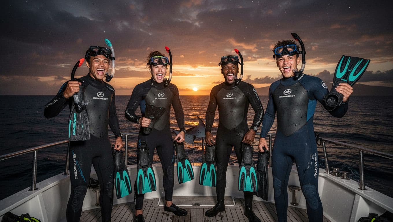 Diverse group of four excited people on a boat deck at sunset off Kona Big Island, gearing up for manta ray night snorkel in wetsuits with masks and fins, calm ocean horizon, cinematic dramatic warm lighting.