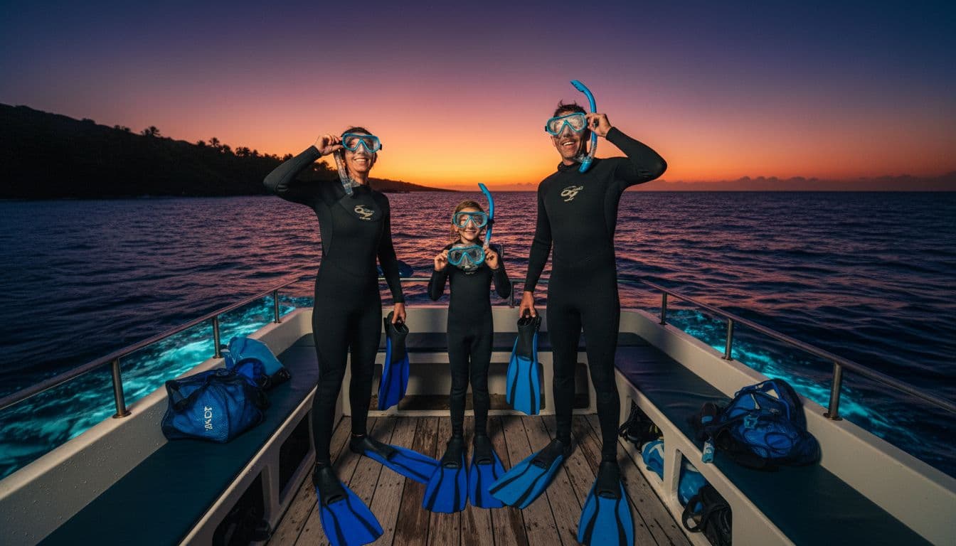 Three snorkelers in wetsuits hold masks and fins on boat deck at dusk near volcanic coast.