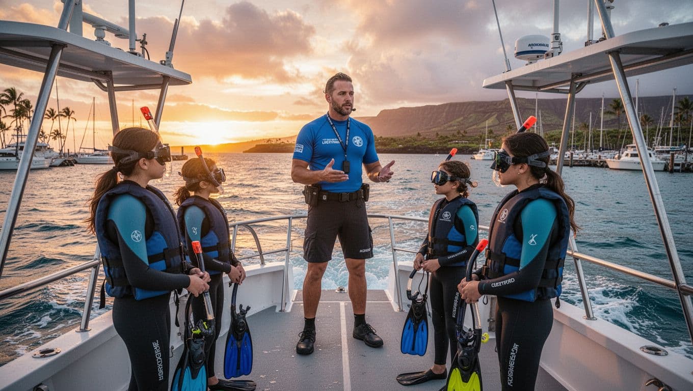 Certified lifeguard guide on snorkel boat deck at sunset briefs small family—two adults and one child in wetsuits with snorkel gear—for safe Kona manta ray night snorkel, Honokohau marina and Kona coast background, cinematic dramatic lighting.