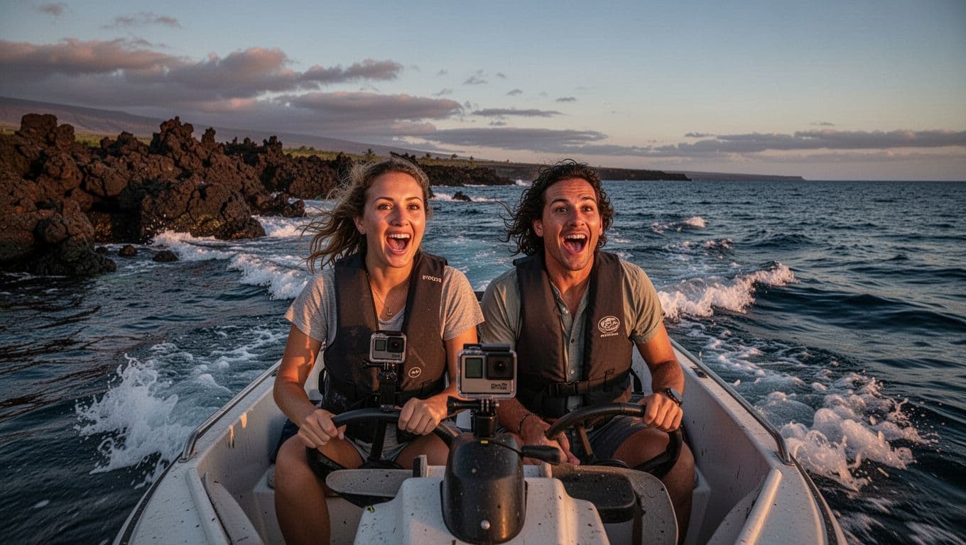 Excited couple departs Honokohau Marina at dusk on a small speedboat for manta ray snorkel along Kona coastline with lava rocks, waves, and chest-mounted GoPro. Cinematic golden hour lighting fades to night with dramatic contrast and blue ocean tones.